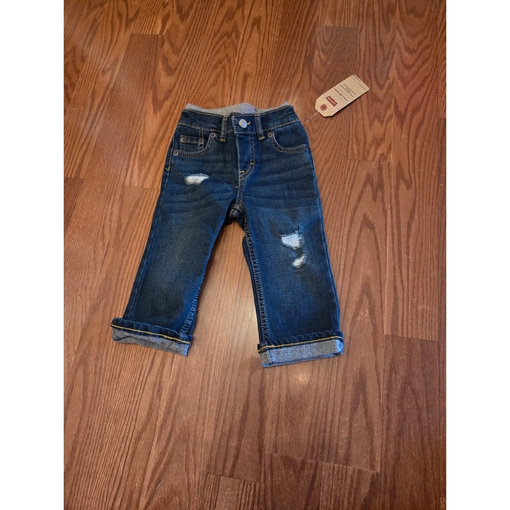 Levis Toddler Boys Pull On Jeans Dark Wash Distressed Denim Pants 18M NWT